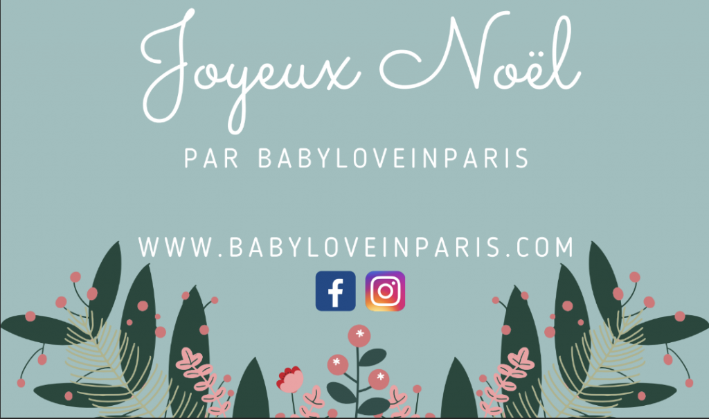 Carte de joyeux noël réalisé lors de mon stage à BabyloveinParis avec lien du site, icône facebook et instagram