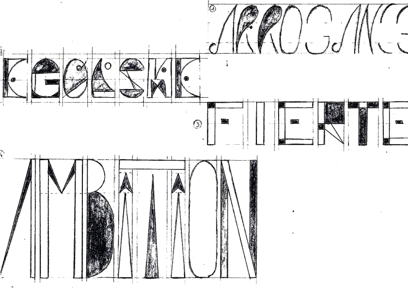 Quatre typographies créées sur le thème de l'orgueil avec les mots : arrogance, égoïsme, fierté et ambition